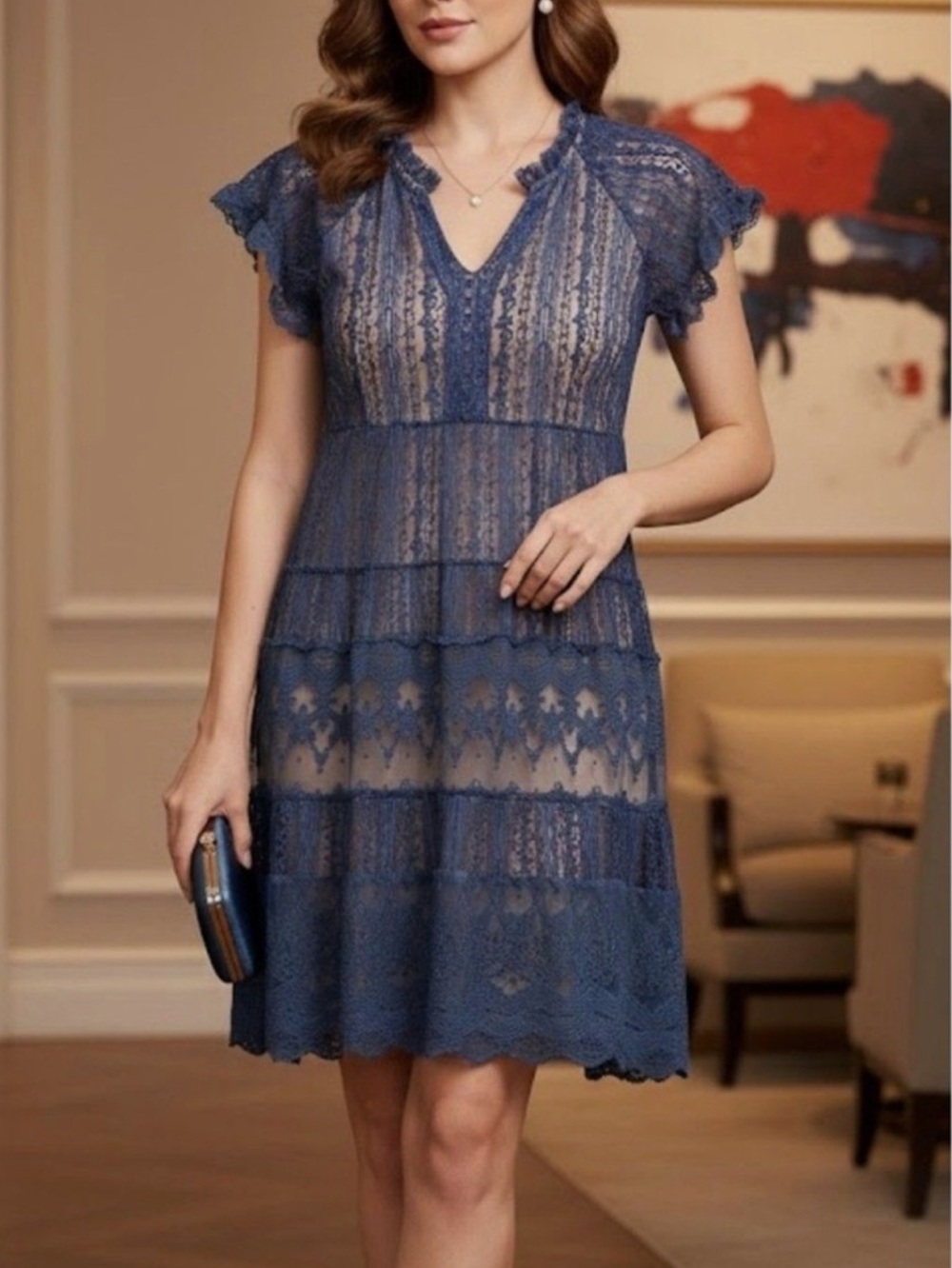 Sundance Sweep of Lace Navy Tiered V-Neck Dress- Large